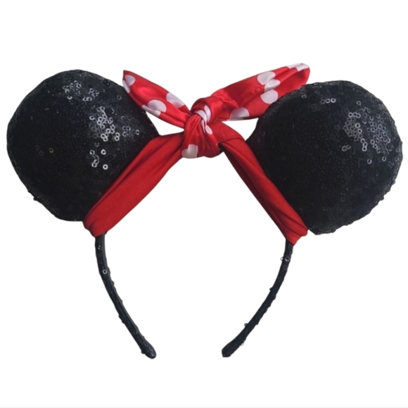 Disney Sequin Black Ears with Red Polka Dot Bow Headband Vacation Resort World - Picture 1 of 7